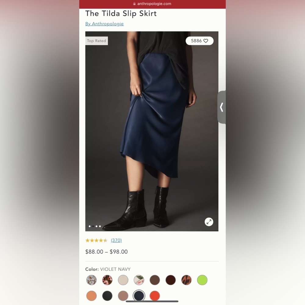 Anthropologie The Tilda Slip Skirt Navy Blue Midi Skirt S